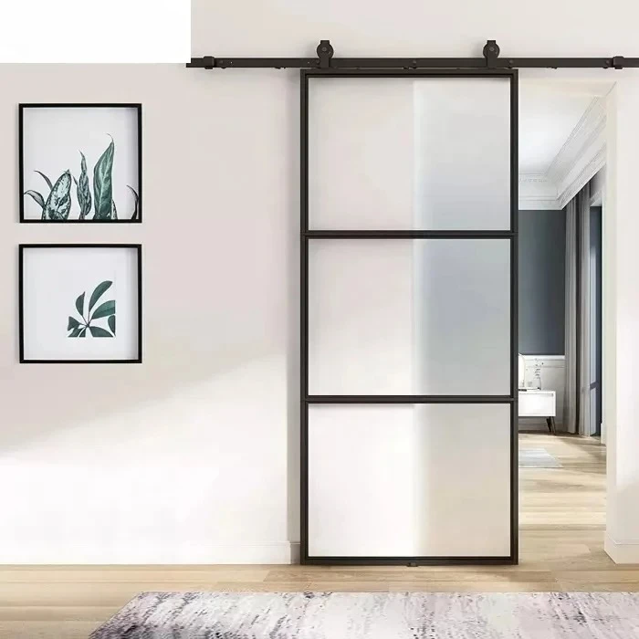 

Modern French Iron Aluminum Bathroom Glass Hanging bar Double Industrial Sliding Doors Hardware Kit Tracks Rails