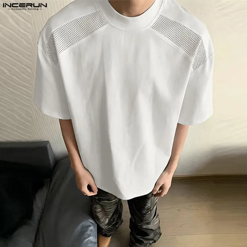 INCERUN Herren T-Shirt Mesh Patchwork O-Ausschnitt Kurzarm Herrenbekleidung Sommer Übergroße 2026 Mode Lässige T-Shirts für Männer