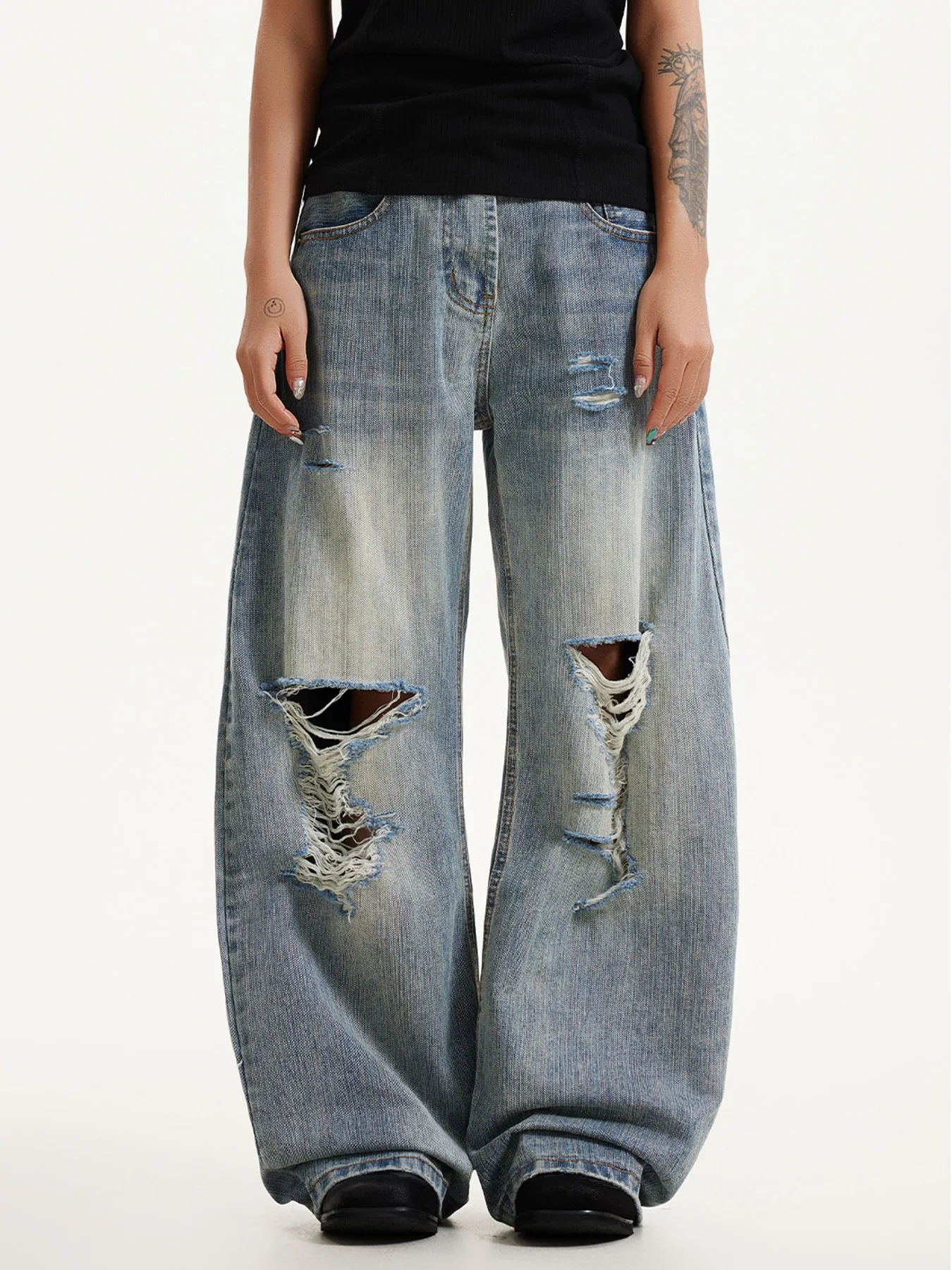 

Retro Waed American High Street Men's Jeans Spring Autumn Loose Wide Leg Knife Cut Denim Pants Torn Hole Youth Casual
