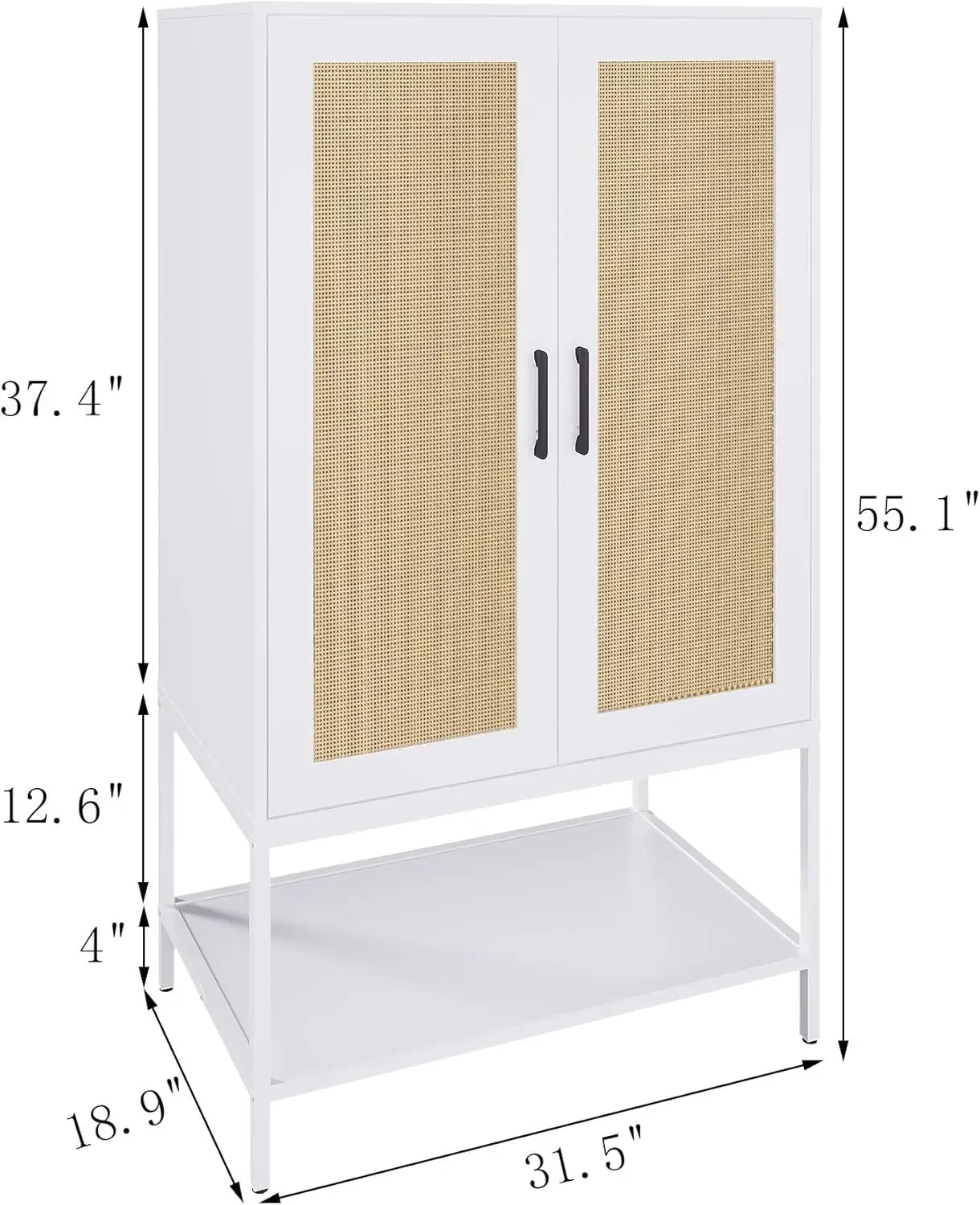 Closet with 2 Doors，Rattan Bedroom Armoires with Hanging Rod Freestanding Wooden Wardrobe Cabinet with Shelves,White