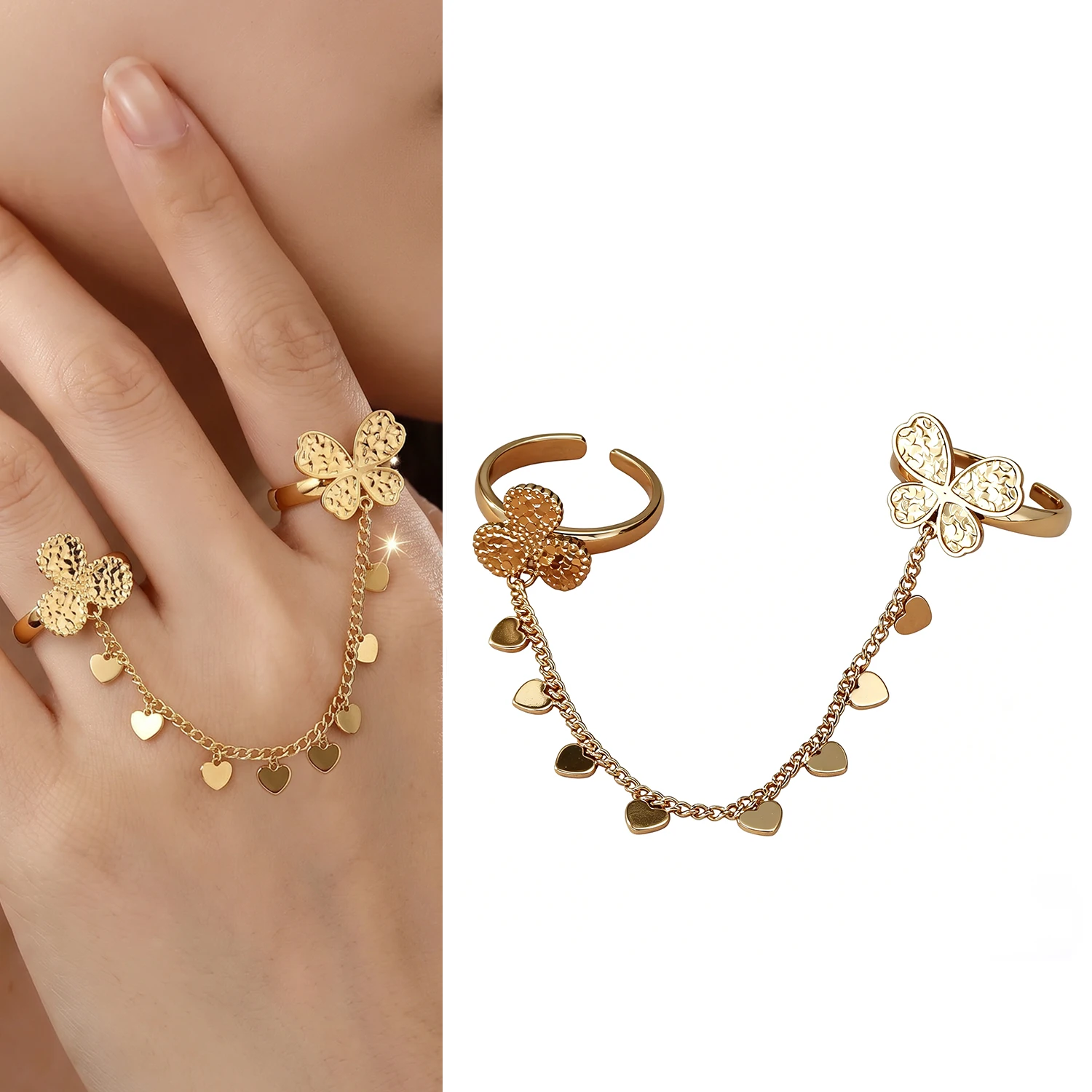 Women Elegant Flower Motif Chain Connected Two Finger Ring Statement Fashion Hand Jewelry For Banquet Formal Occasion