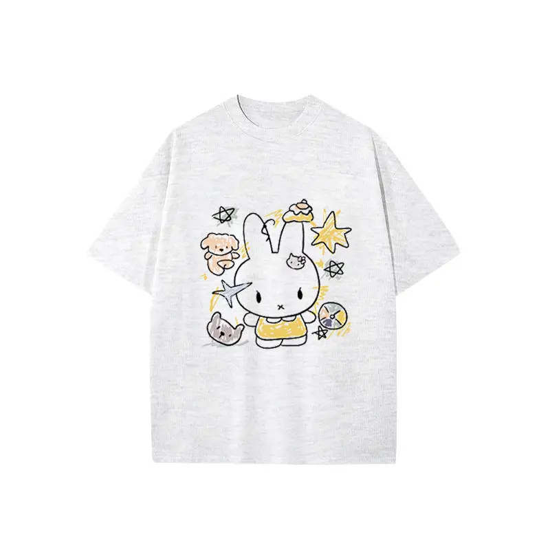 T-shirt Kawaii Miffy ​ ​ Graffiti de lapin de dessin animé mignon sans effort HK rétro ​ ​   Haut décontracté surdimensionné pour les jeunes, tendance streetwear unisexe