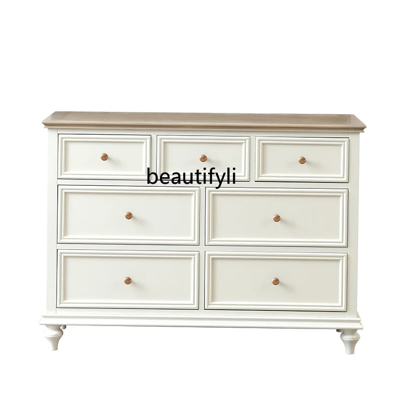 

American-Style Solid Wood 7-Drawer Cabinet White Retro Living Room Master Bedroom Bed Front Cabinet Wall Cabinet Storage Locker