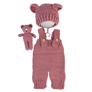 새로 태어난 사진 소품 사진을위한 곰 복장 니트 아기 점프 슈트 모자 테디 베어 인형 스튜디오 아기 Photoshoot 소품