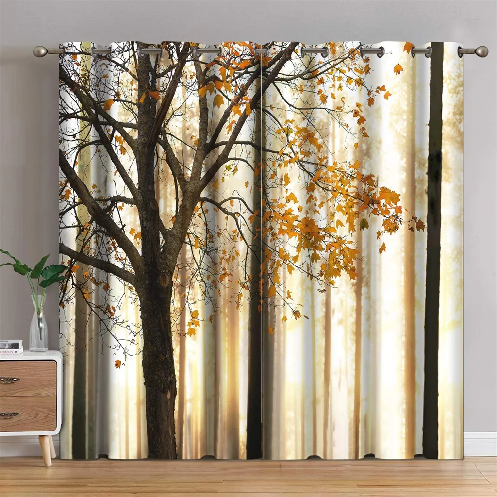 Forest Blackout Curtains Jungle Tree Nature Scenery Window Curtain Living Room Bedroom Waterfall Left and Right Biparting Open