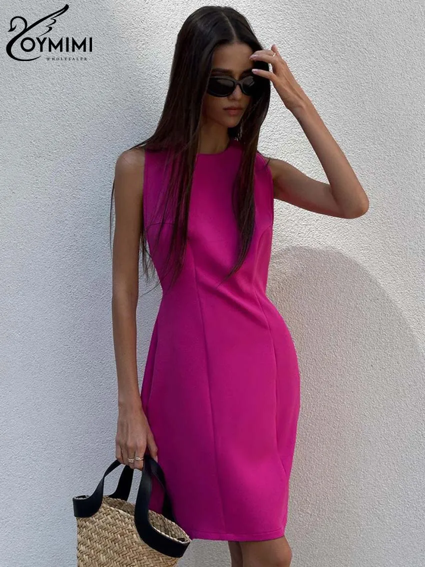 Oymimi Elegant Dark Pink Women's Dress Fashion O-Neck Sleeveless Female Dresses Casual Slim Straight Mini Dress Female Clothing