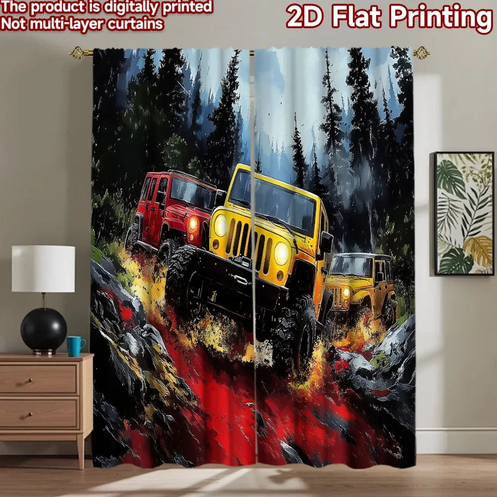 2D flat 2pcs Curtain Vintage drapes and curtains Offroad Jeeps in Forest Digitally printed polyester, colorfast Party
