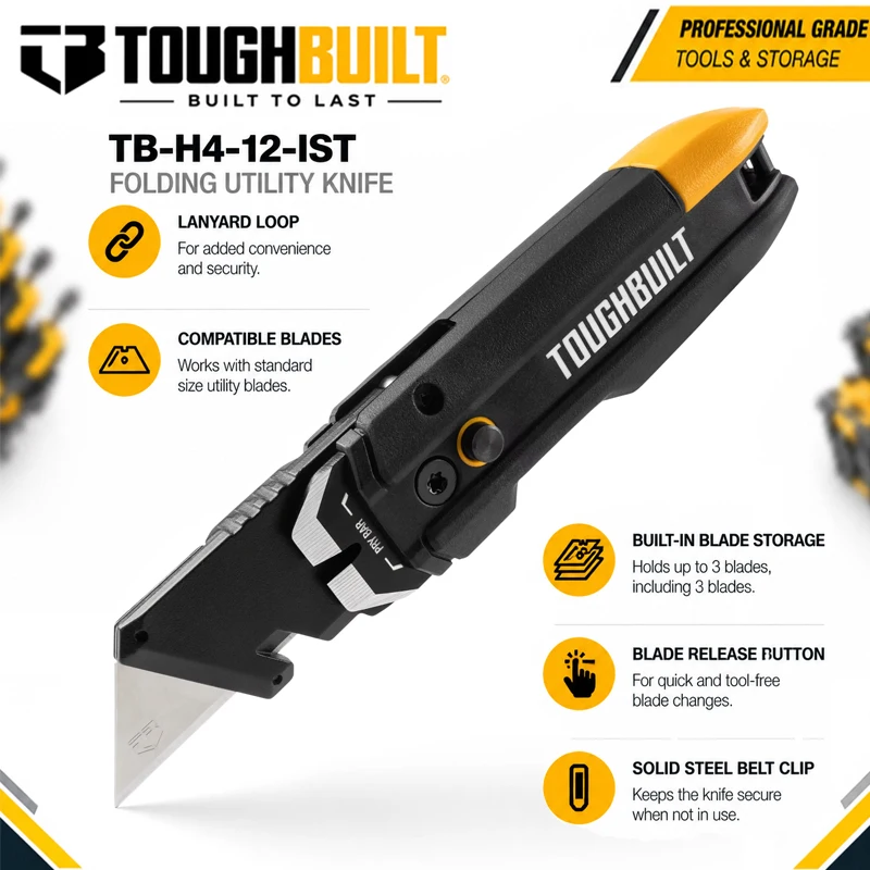 TOUGHBUILT TB-H4-12-IST Folding Utility Knife With Built-in Storage, Durable Construction Hand Tools