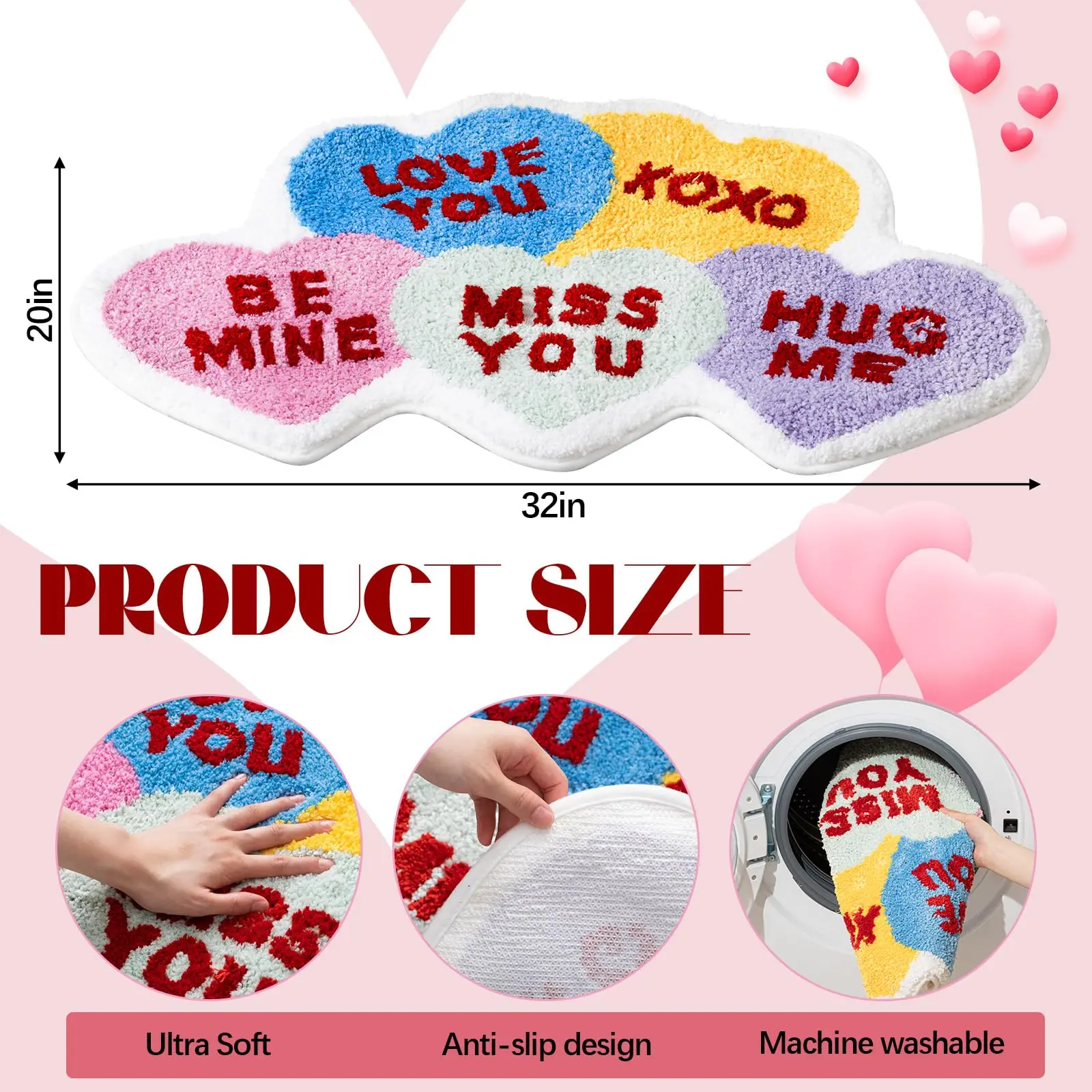 VIKAMA Valentine Bathroom Rug Conversation Heart Door Mat Colorful Heart Rug Funny Non Slip Washable Rug for Bedroom Home Decor