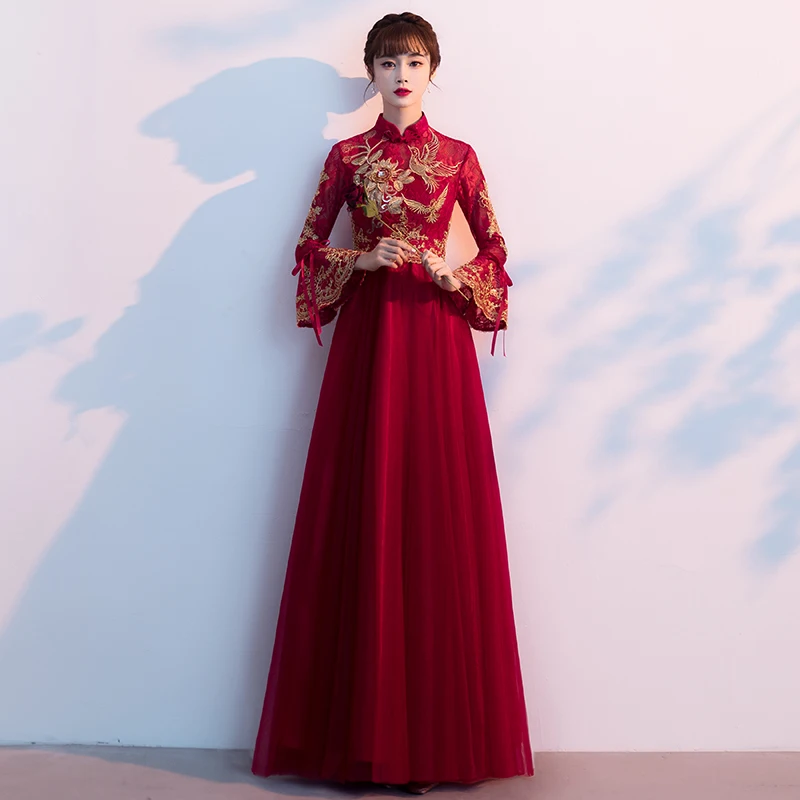 

Red Wedding Dr Sle Chinese Traditional Wedding Gown Fem Long Sve Floor Length Evening Gown for Marriage
