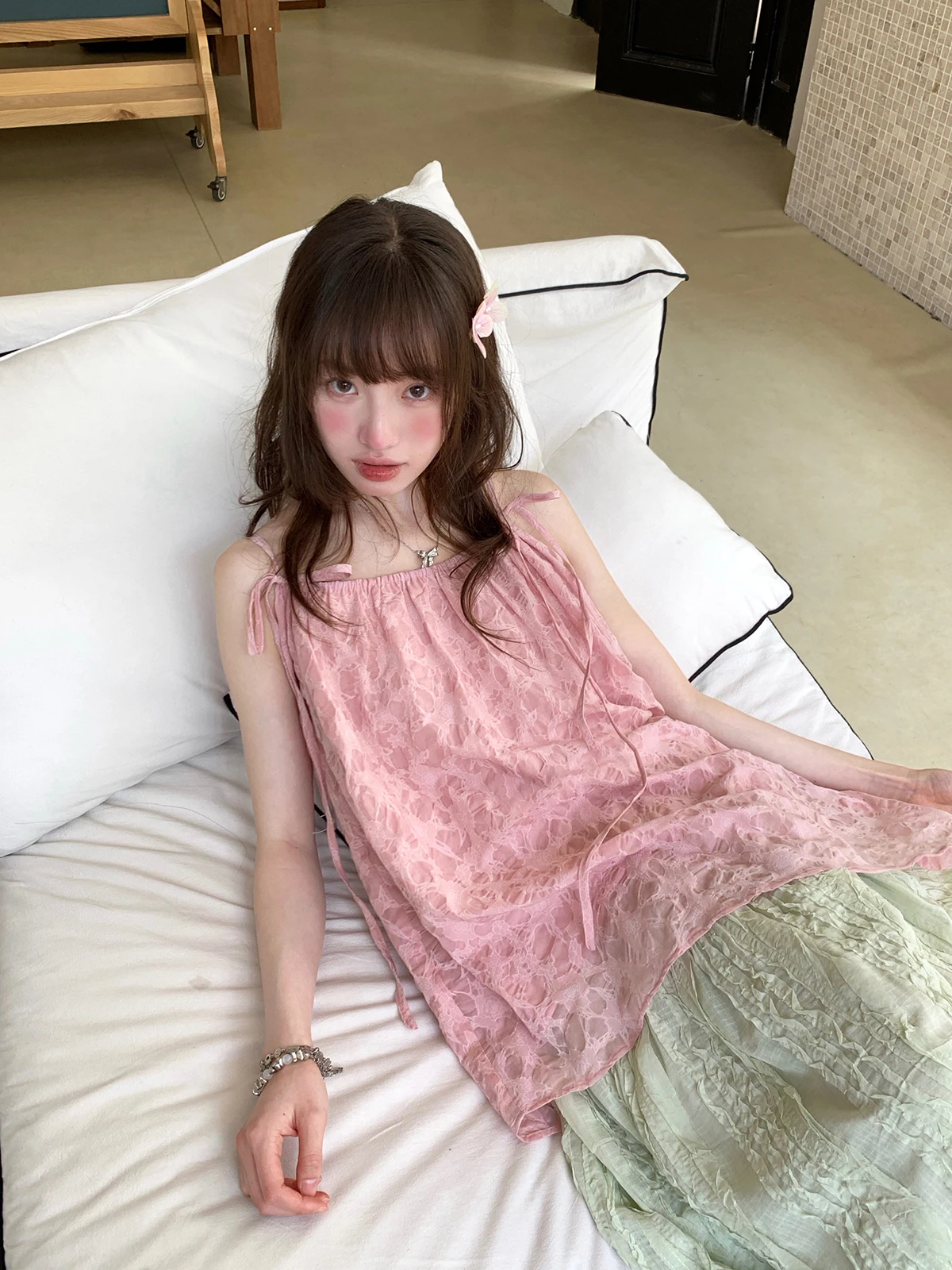 

Unique Beautiful Artistic Loose Women's Pink Dopane Summer Set Original Sweet Sle Asymmetric Polyester Fiber Casual Wear