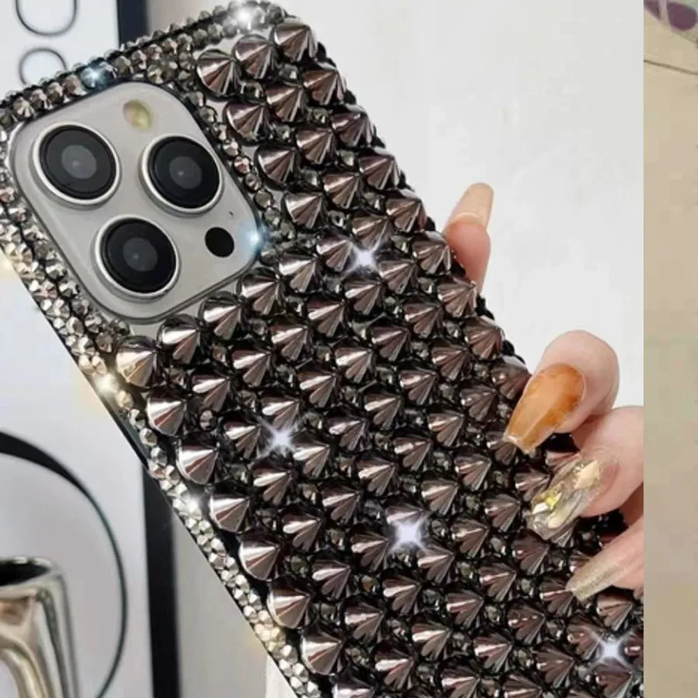 Fashion Full Metal Punk Spikes Studs Rivet Black Diamond Case Cover For iPhone 16 15 14 13 12 Mini 11 Pro X XS Max XR 8 Plus SE