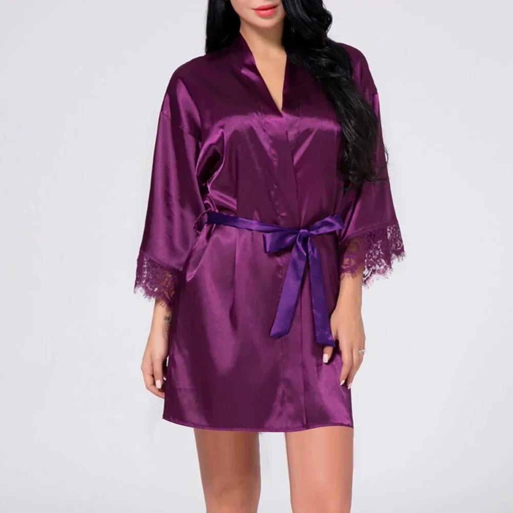 Women Ice Silk Pajamas Robes  Soft Comfortable Casual Pure Color Nightdress Stitching Silky Satin Romance Leisure Home Clothes