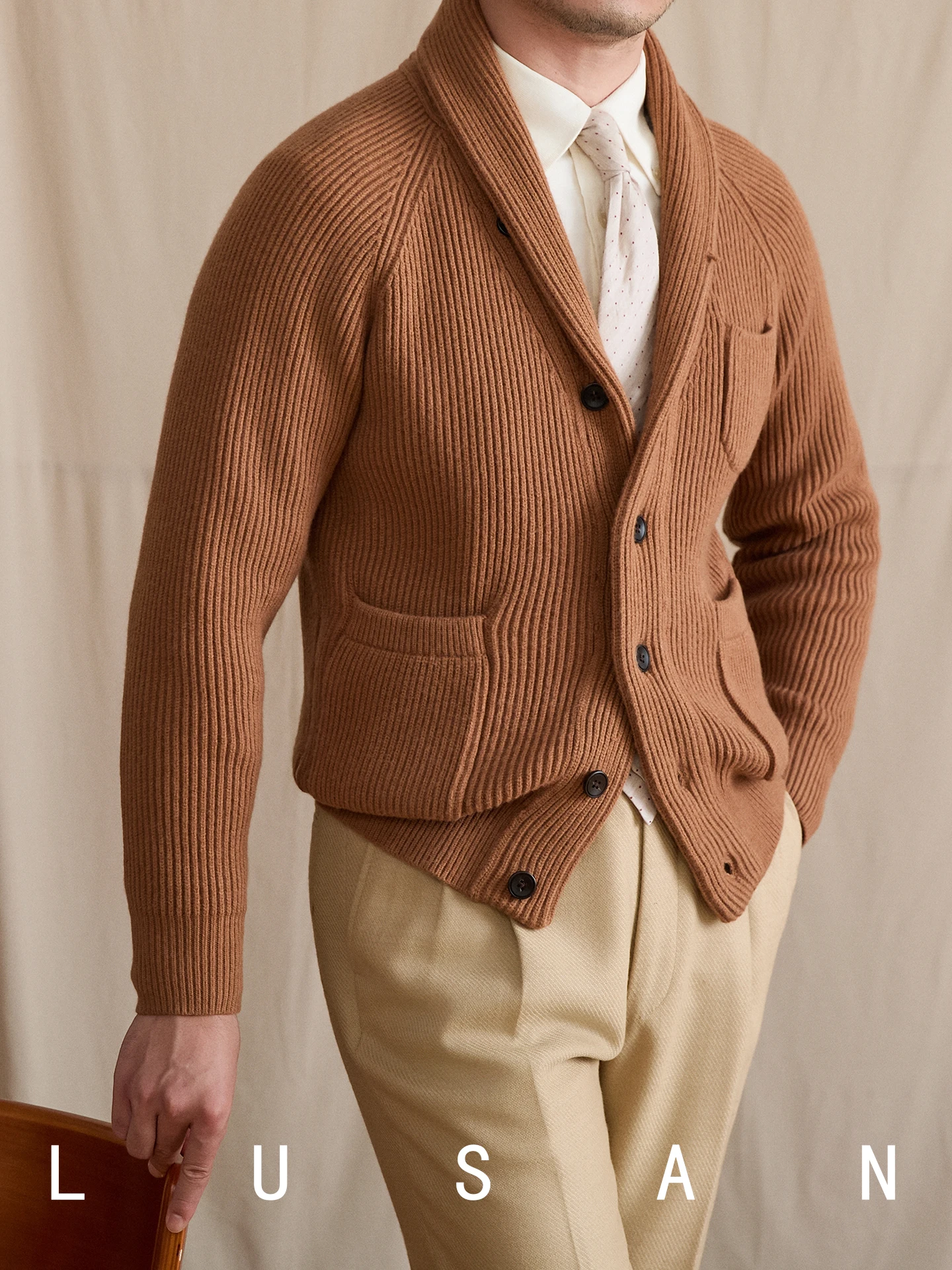 High-End Autumn and Winter British Thick Green Fruit Collar Gentry Wear Versatile Woven Cardigan Men's Retro Warm Coat