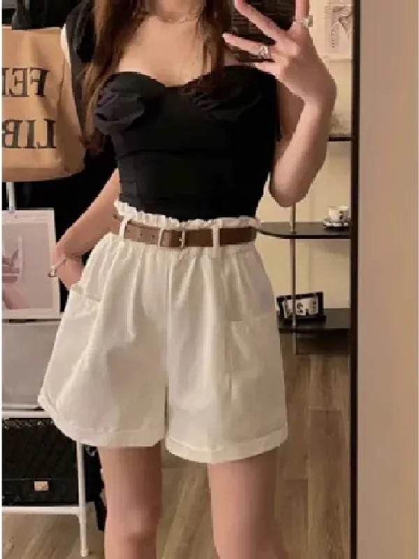 Cotton Linen Workwear Shorts Women Summer Thin Loose A-Line Cuffed Hot Pants Casual Wide Leg Pants High Waist Elastic Waist