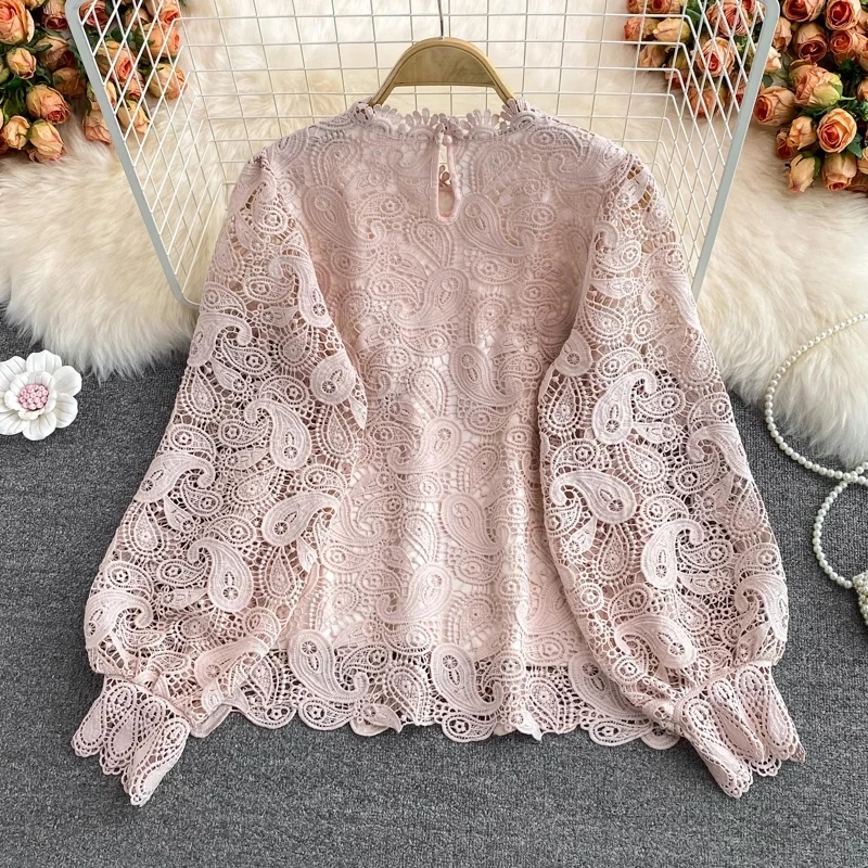 EWQ Fashion Lace Hollow Out Embroidery Blouse For Women Lantern Sleeves Solid Color Loose Tops Casual 2024 New Clothing 27C650