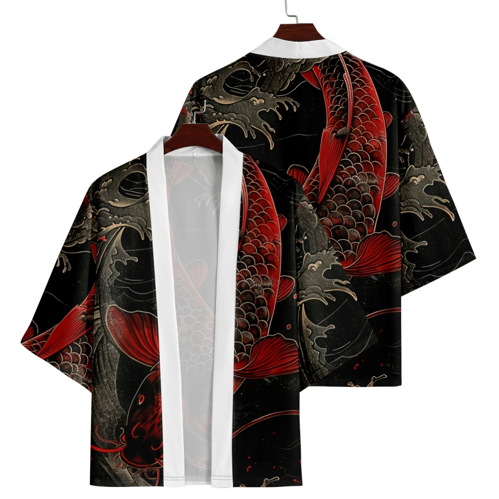 

Summer Beach Men Women Kimono Fashion Cardigan Tops Japanese Streetwear Ukiyo-e Carp Print Haori