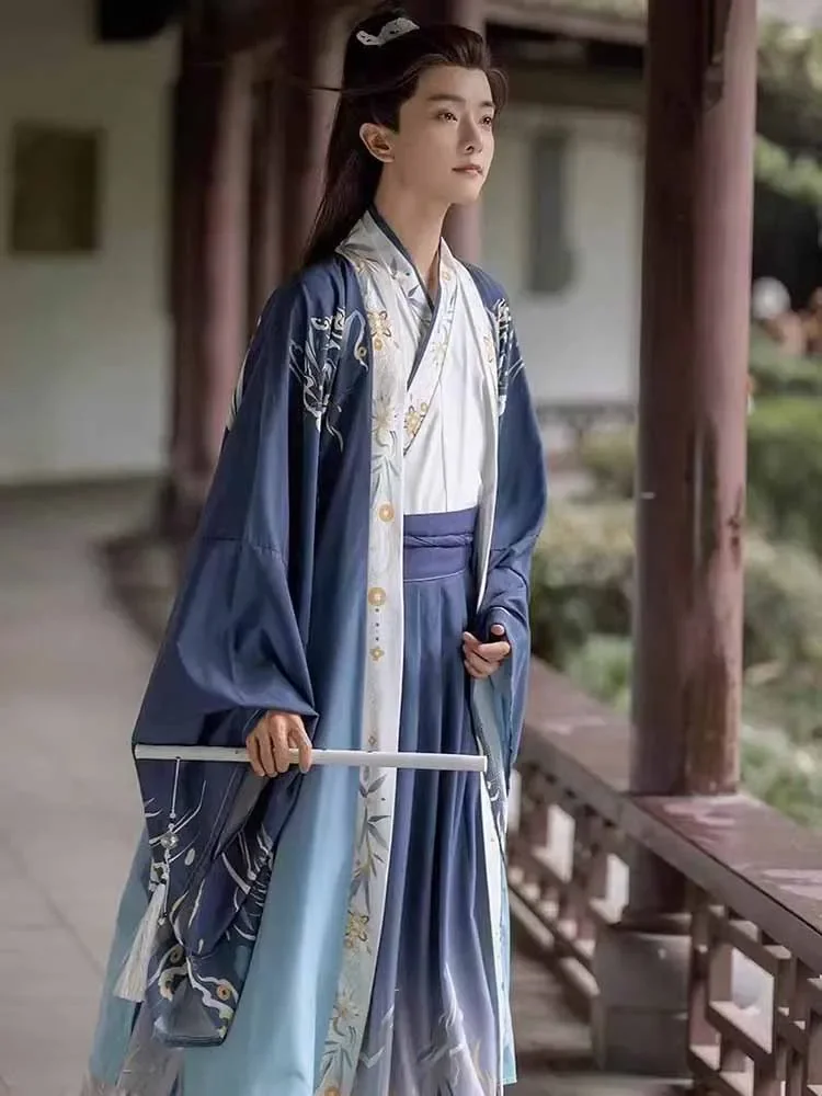 

Large Size 2XL Hanfu Men Chinese Traditional Printed Hanfu Male Carnival Cosplay Costume Gradient Red&Blue Hanfu 3pcs Sets Men