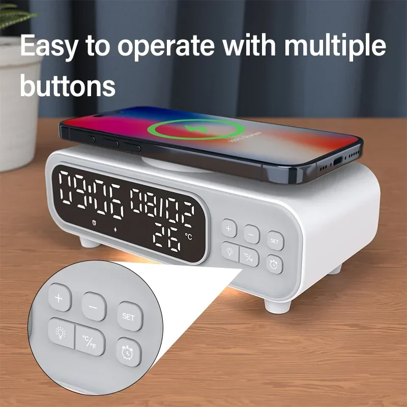 Time Alarm Clock Desk Bedroom LED Night Light Thermometer Earphone Phone Wireless Chargers Fast Charging Dock Station For iPhone