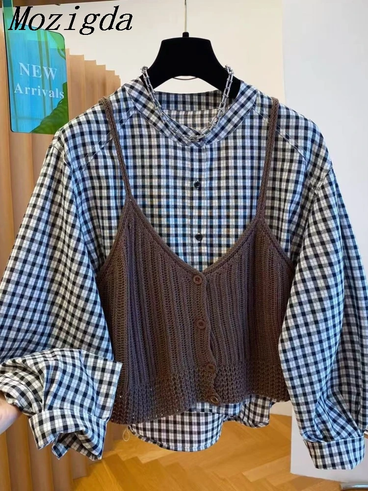 

Осенняя клетчатая рубашка с пышными рукавами, блузка, женский вязаный жилет, комплект из двух предметов для женщин, свободный крой, красивые повседневные женские топы Irt