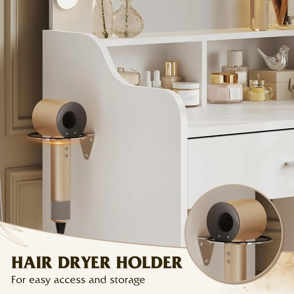 مكتب مكياج مع مرآة و3 أوضاع إضاءة، طاولة تخزين 23.8 مع أرفف لغرفة النوم