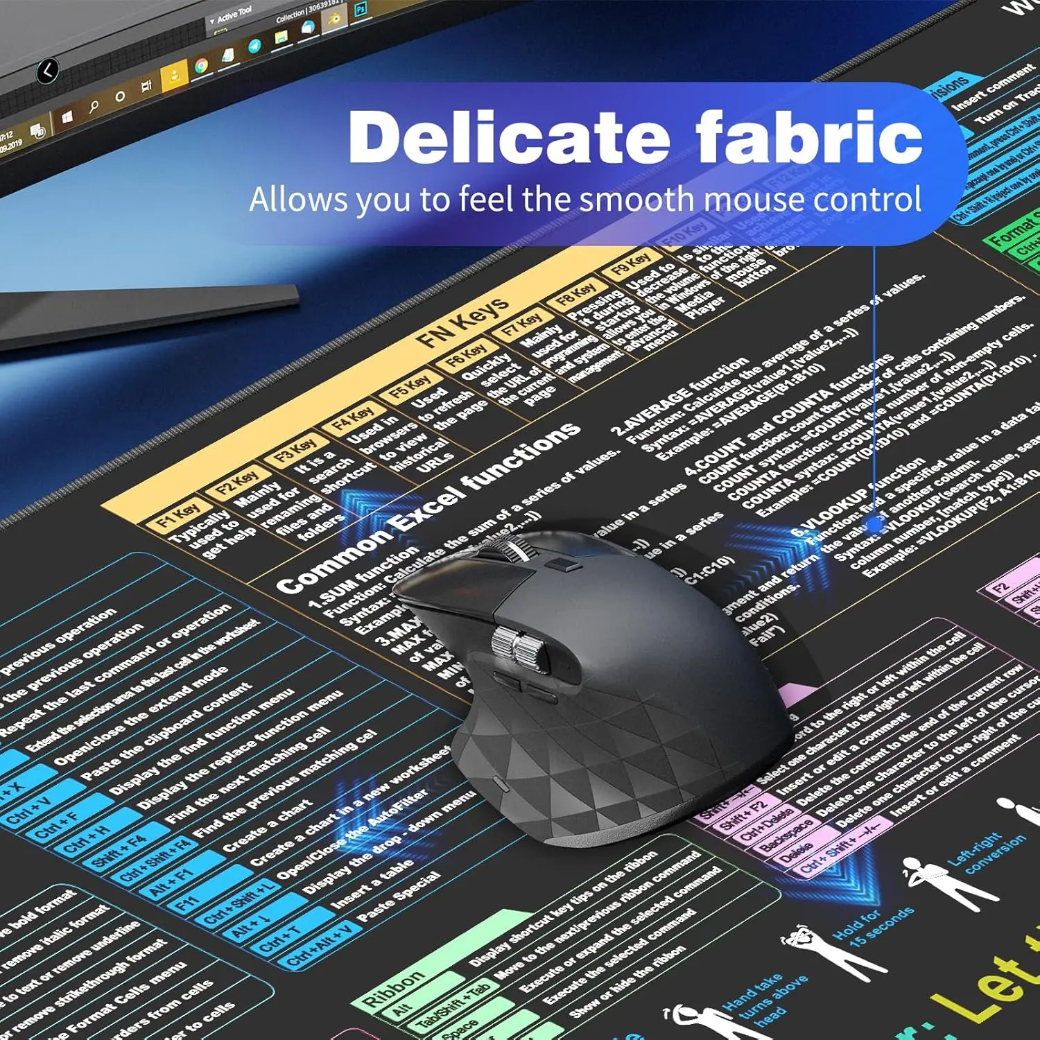 Tapete de mesa à prova d'água - Tapete de mesa Excel Cheat Sheet Tapete de mouse para jogos XL grande | Tapete de teclado de escritório Tapete de computador com atalhos excel