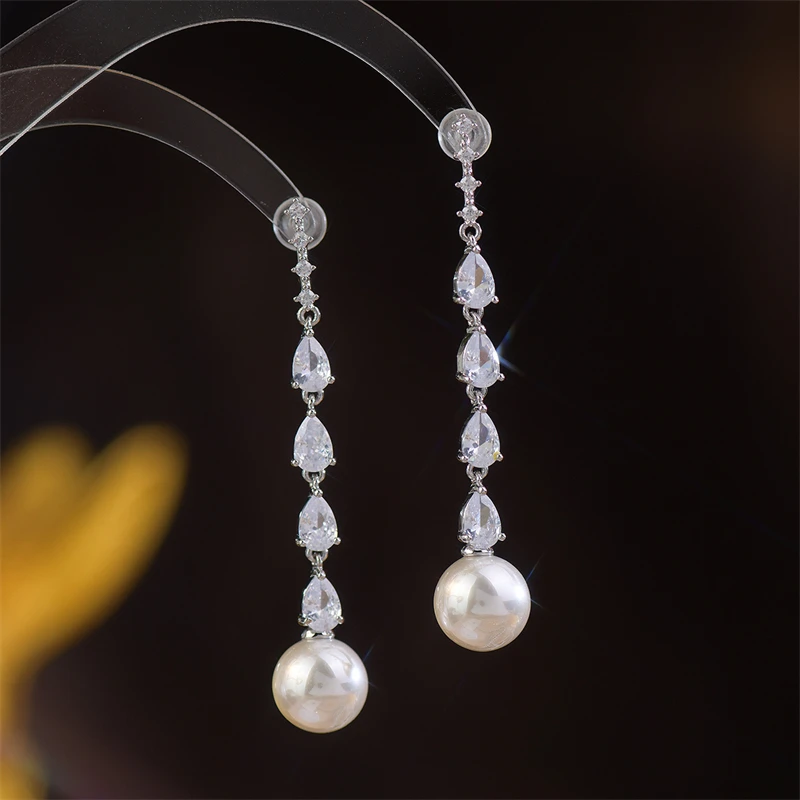 

Fashion Imitation Pearl Zircon Long Pendant Earrings Women Fashion Personality Bridal Wedding Jewelry Earrings Anniversary Gifts