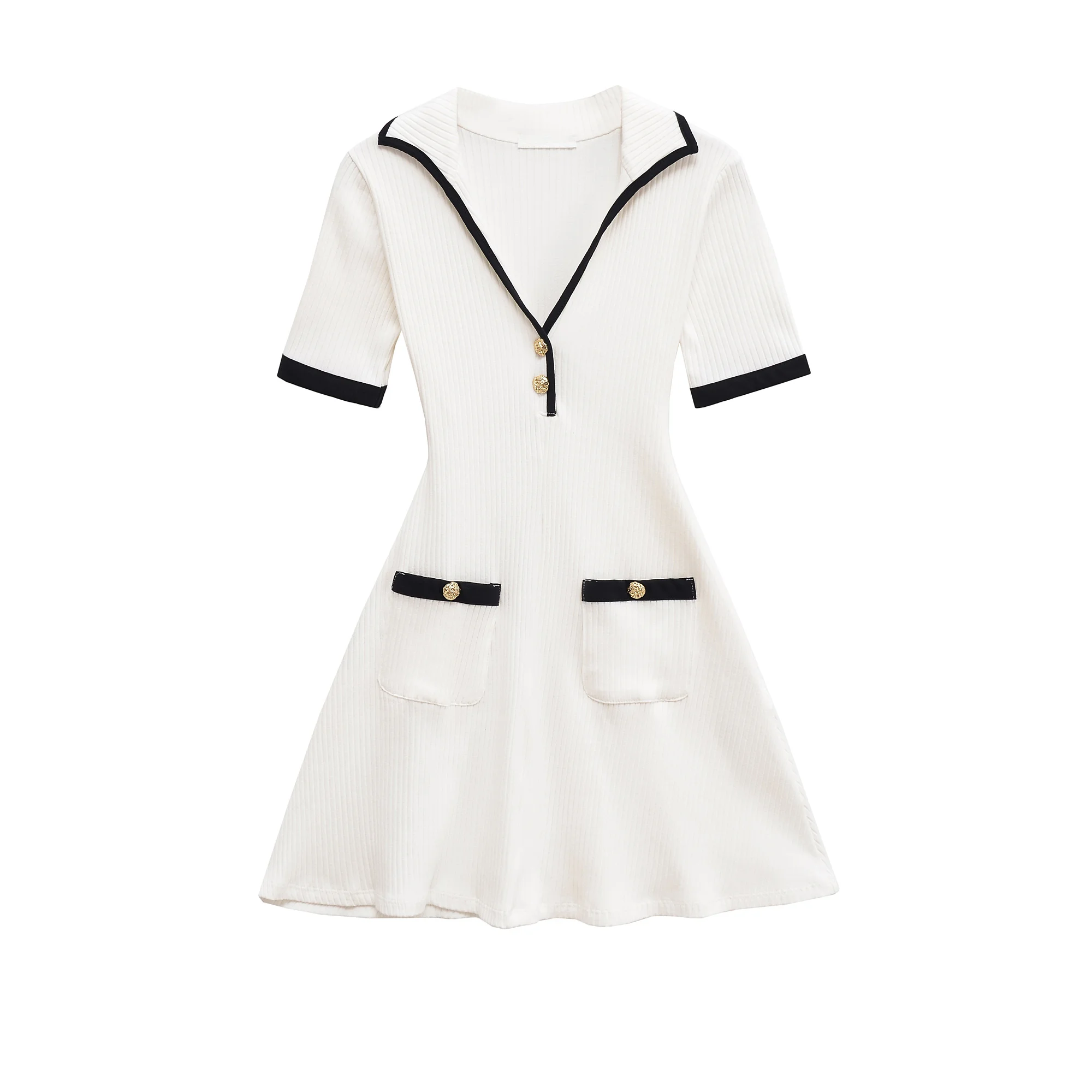 2025 가을 신상 여성 슬림핏 V넥 스타일 숏 스커트 허리 조절 메탈 버튼 골지 원피스 캠퍼스룩