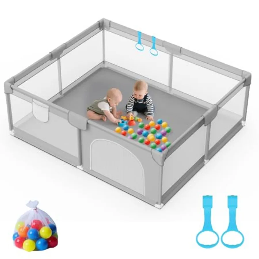

79" x 71" Playpen for Babies and Toddlers - Safe Baby Fence with 50 PCS Ocean Balls and 2 Pull Handles for Indoor - Large Baby