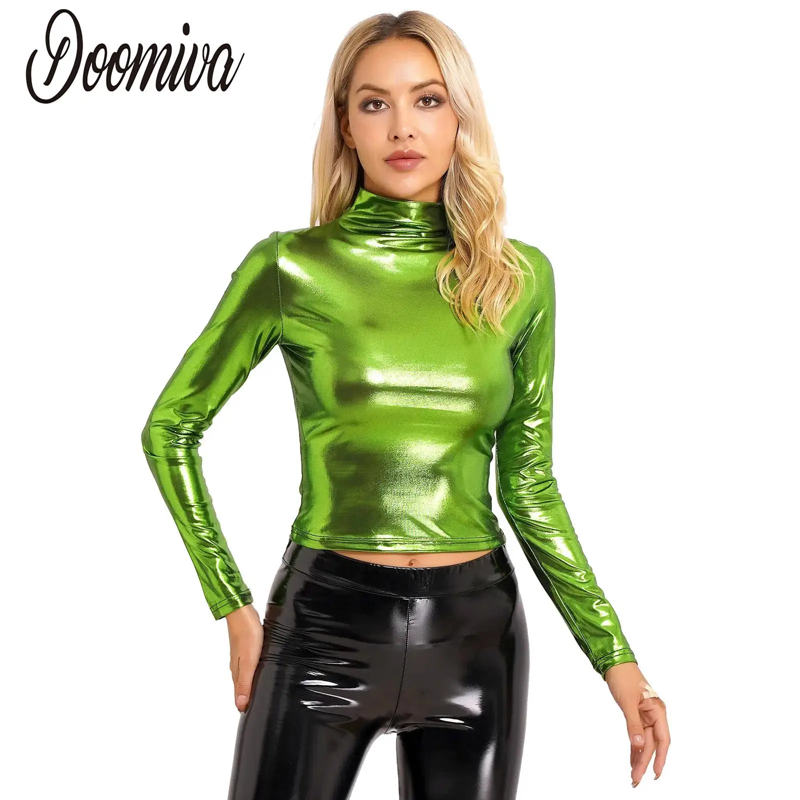 

Womens Metallic Long Sleeve Cropped Tops Shiny Pullover Skinny T-Shirts Tee Shirt for Party Festival Club Nightclub Rave Party