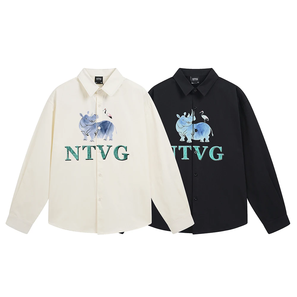 Cartoon Rhino Printed Men's Shirts Y2k Streetwear Designer Tops Oversized Long Sleeve Shirt Korean Fashion Japan Style Clothes