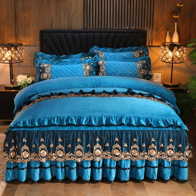 For Home or Hotel Use Luxury Quality King-Size Bedding Set with Lace Embroidery Includes Fitted Covers Bed Skirt Pillow Case