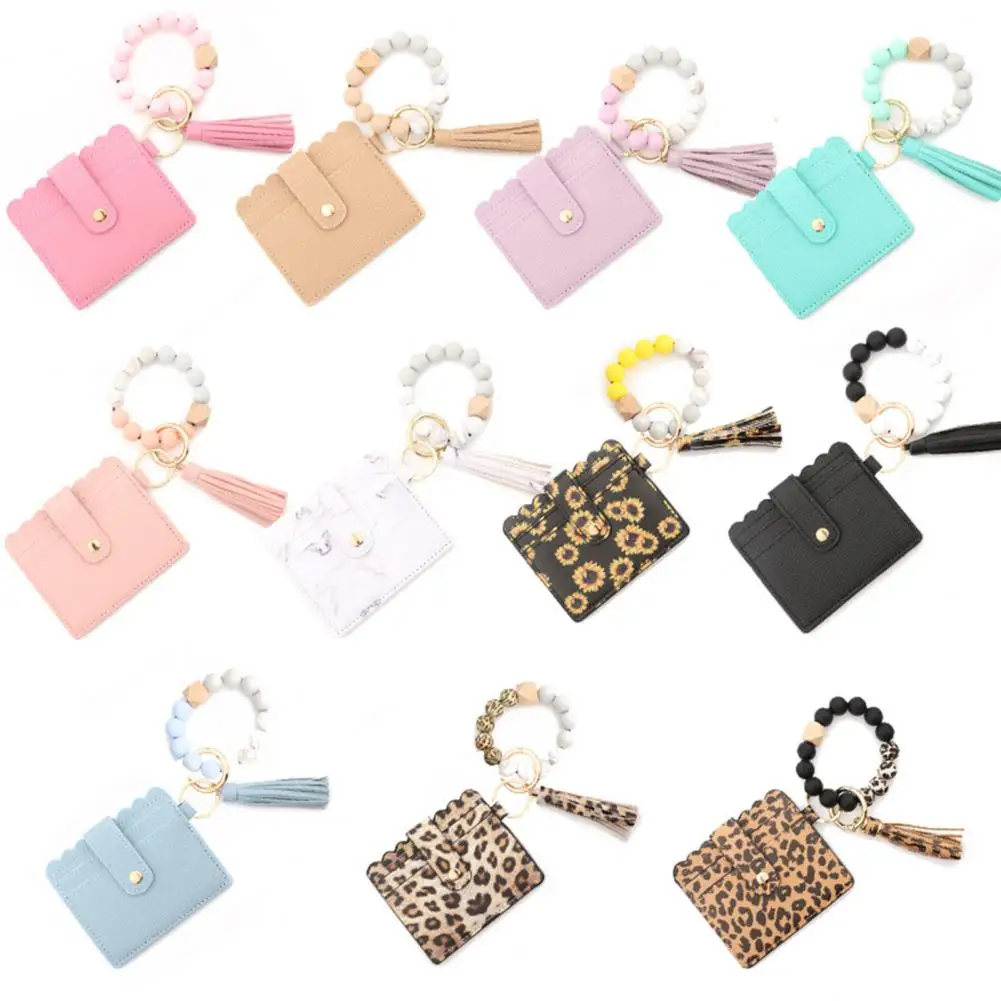 Women Tassel Wallet Ladies Wallet Card Holder with Beads Tassel Faux Leather Leopard Print Purse Keychain Accessory Card Pocket