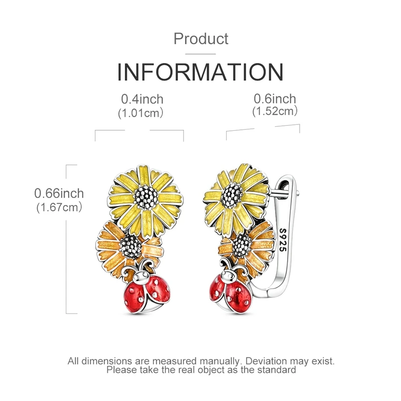S925 Sterling Silver Daisy & Ladybug Ear Buckle Earrings for Women Yellow Gradient Floral Insect Leverback Earring Jewelry Gift