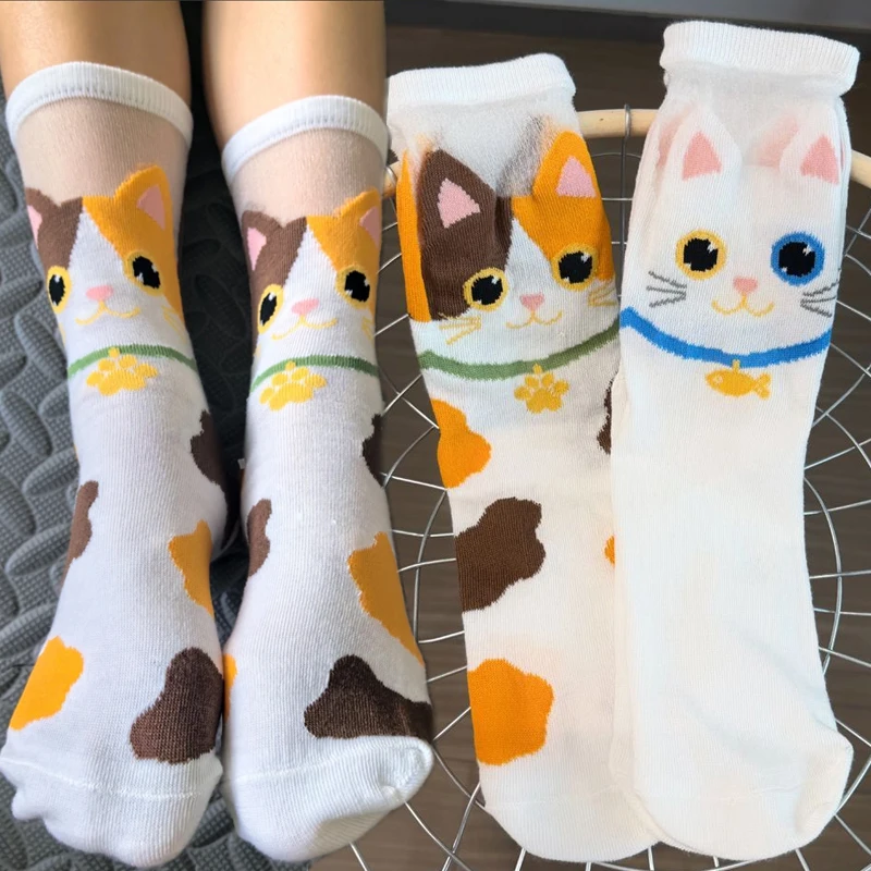 Cartoon Cat Pattern Stockings Cute Funny Kitten Sock Women Versatile Casual Trendy Mesh Sheer Splice Comfortable Mid Calf Sock