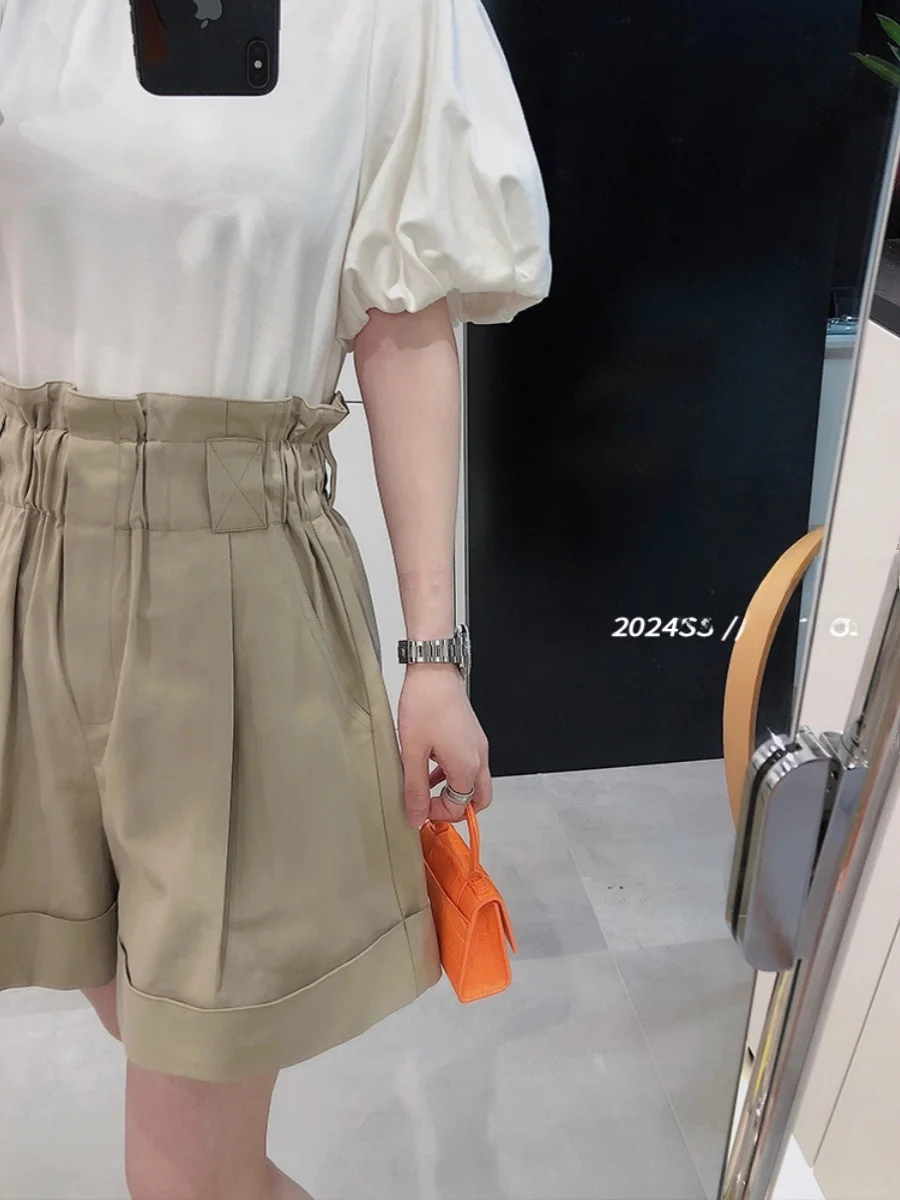 Cachi a vita alta Elastico Bloom Casual orts Donna Estate di grandi dimensioni Allentato Versatile Abbigliamento da lavoro Gamba larga A-Line Pantaloni a cinque quarti