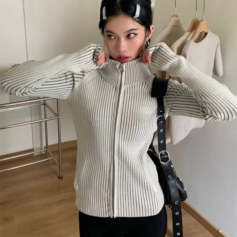 Deeptowm Grey Striped Women Sweater Y2K Retro Turtleneck Korean Fashion Zip Up Knit Cardigan Harajuku Autumn Slim Streetwear