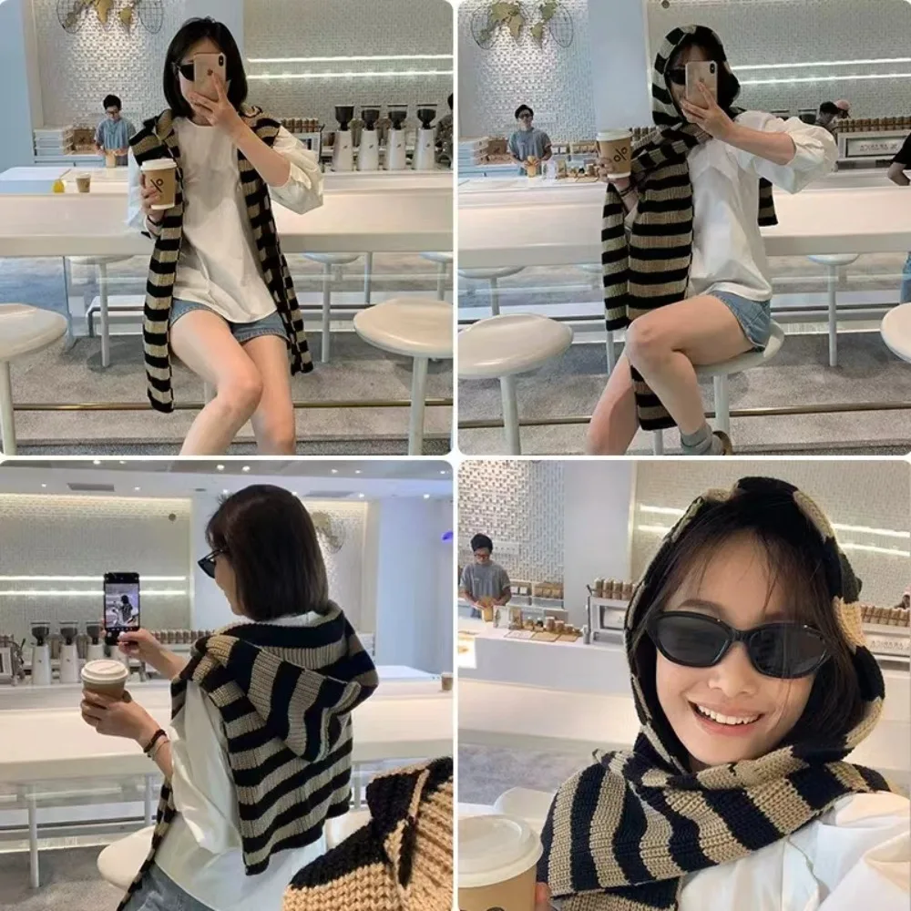 

Зимняя женская модная теплая вязаная полосатая шаль в корейском стиле Ins, милый уличный шарф с капюшоном, повседневный домашний шарф для покупок