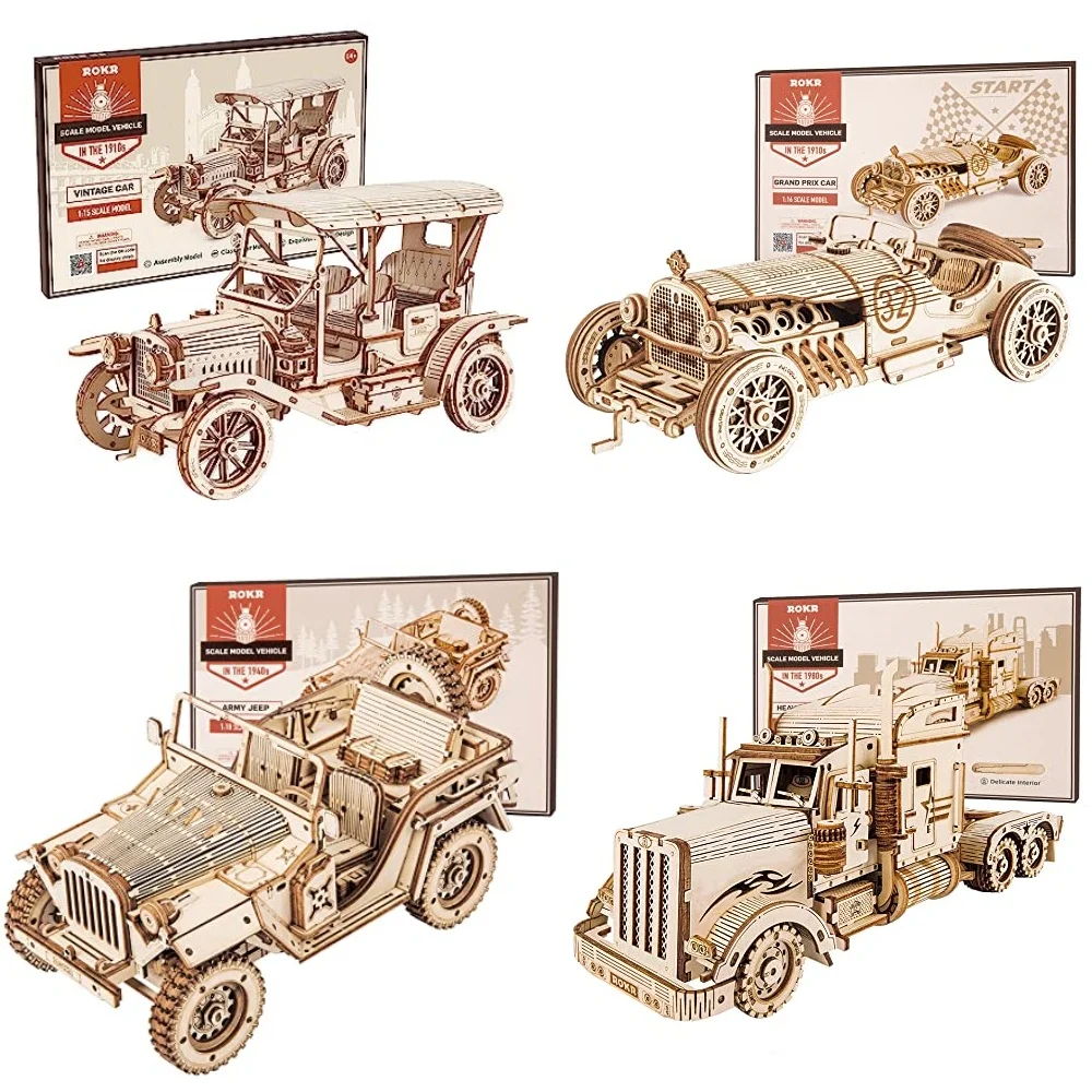 Robotime Rokr 3D Puzzle Car Wooden Model kit Vintage Car 1:18 Army Field Car 1:40 Heavy Truck 1:16 Grand Prix Car Gift for Kids