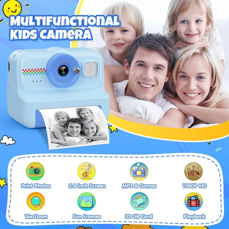 Instant Print-camera voor kinderen, 1080P HD kindercamera Instant Print met 3 rollen printpapier en 32 GB