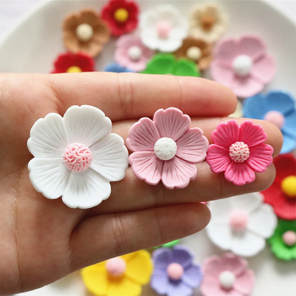 Cabochões de resina com parte traseira plana em miniatura, flor de cinco pétalas de 21mm-34mm para grampo de cabelo, scrapbooking, decoração de casa diy, acessórios de artesanato com 10 peças