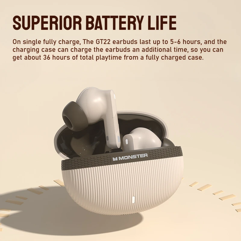 Monster AuraFit GT22 -35dB Active Noise Cancelling Earbuds 360° Stereo Wireless Bluetooth Headphone ANC Bluetooth 5.3 Earphone