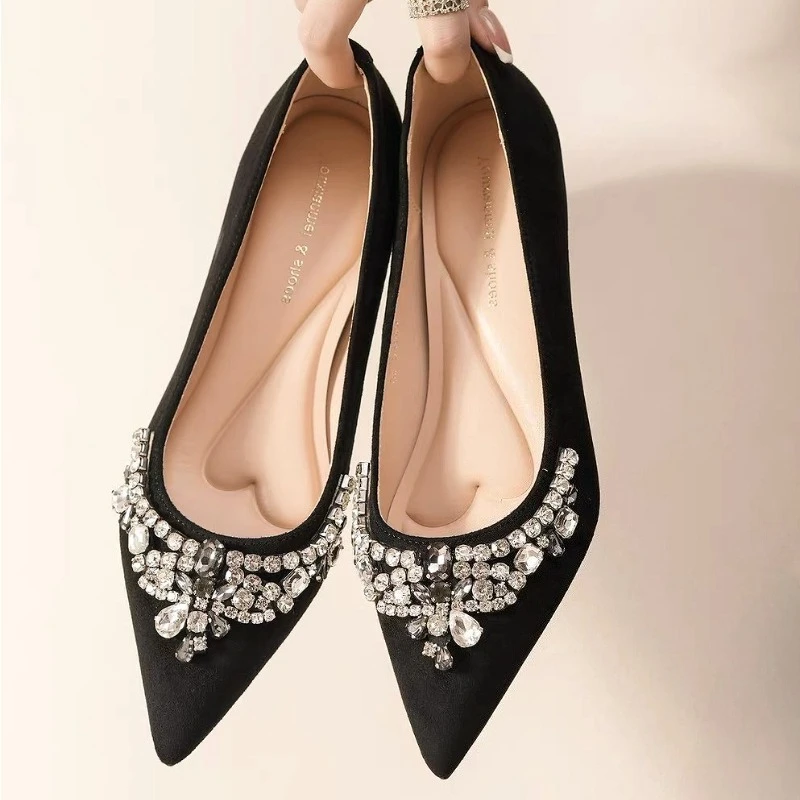 Замшевая женская обувь с острым носком и бриллиантами, удобная осенне-зимняя обувь на мелком каблуке, женские модные туфли-лодочки на низком каблуке, элегантная офисная обувь