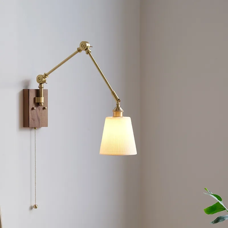 for New Medieval Bedroom Lamp Bedside Light French Retro Wabi Sabi Style All Copper Rocker Arm Retractable Living Room