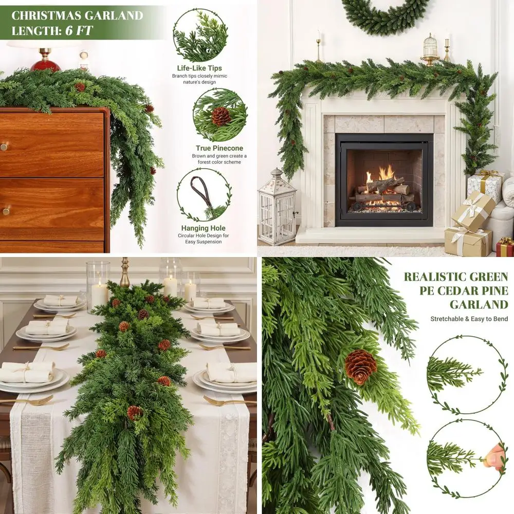 

Realistic Greenery Cypress Pine Garland with Pinecones for Christmas Mantle, Table, Railing, Fireplace - Indoor & Outdoor Decora