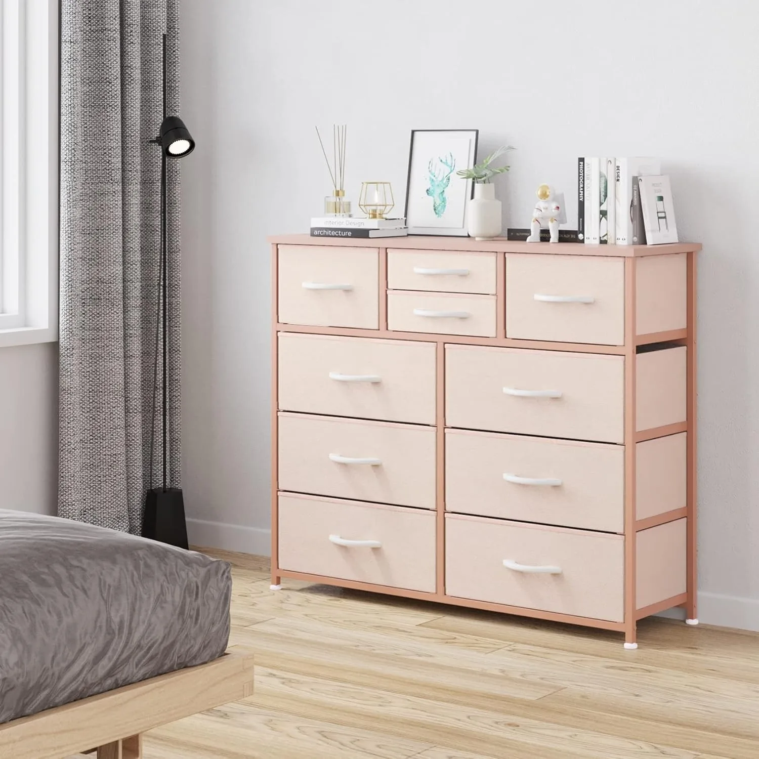 10-Drawer Dresser, Fabric Storage Dressers Drawers, Closets, Steel Frame, Wood Top, Easy Pull Handle (Rose Gold)