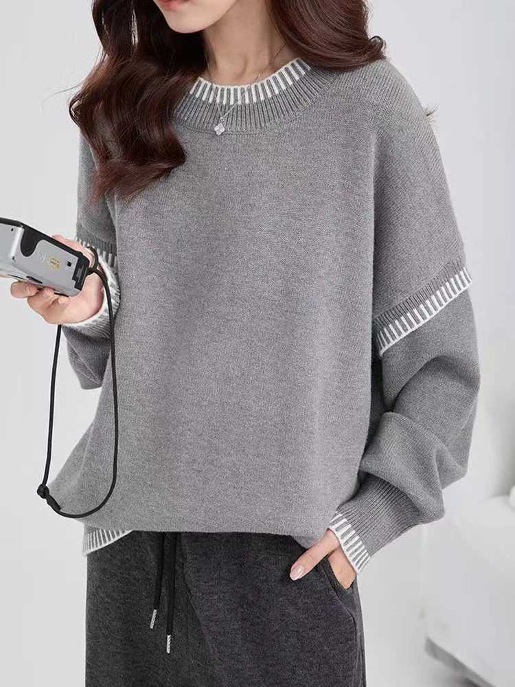 

Women Autumn Loose Knitted Sweater Solid Color O Neck Long Sleeve Outwear Casual Overhead Knitwear Round Neck Knitted Pullovers