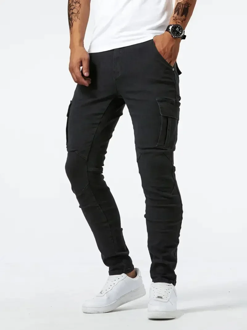 Street Elastic Jeans Men Denim Cargo Pants Wash Solid Color Multi Pockets Casual Mid Waist Trousers Slim Fit Daily Wear Joggers