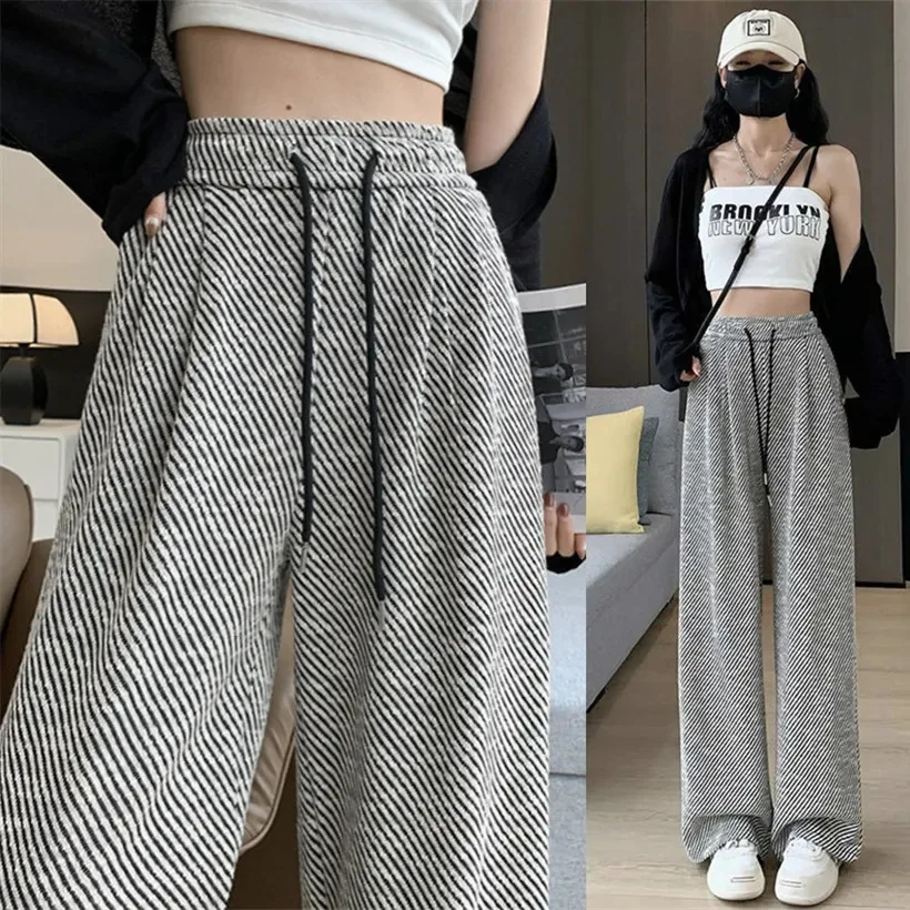 

Modern Style High Waist Wide Leg Pants Women's Street Fashion Diagonal Stripe Casual Trousers Straight Cut Long Pants