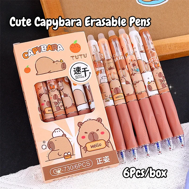 6Pcs/Lot Cute Cartoon Capybara Erasable Gel Pens 0.5mm Black/Blue Ink Student School Office Stationery Washable Writing Pen